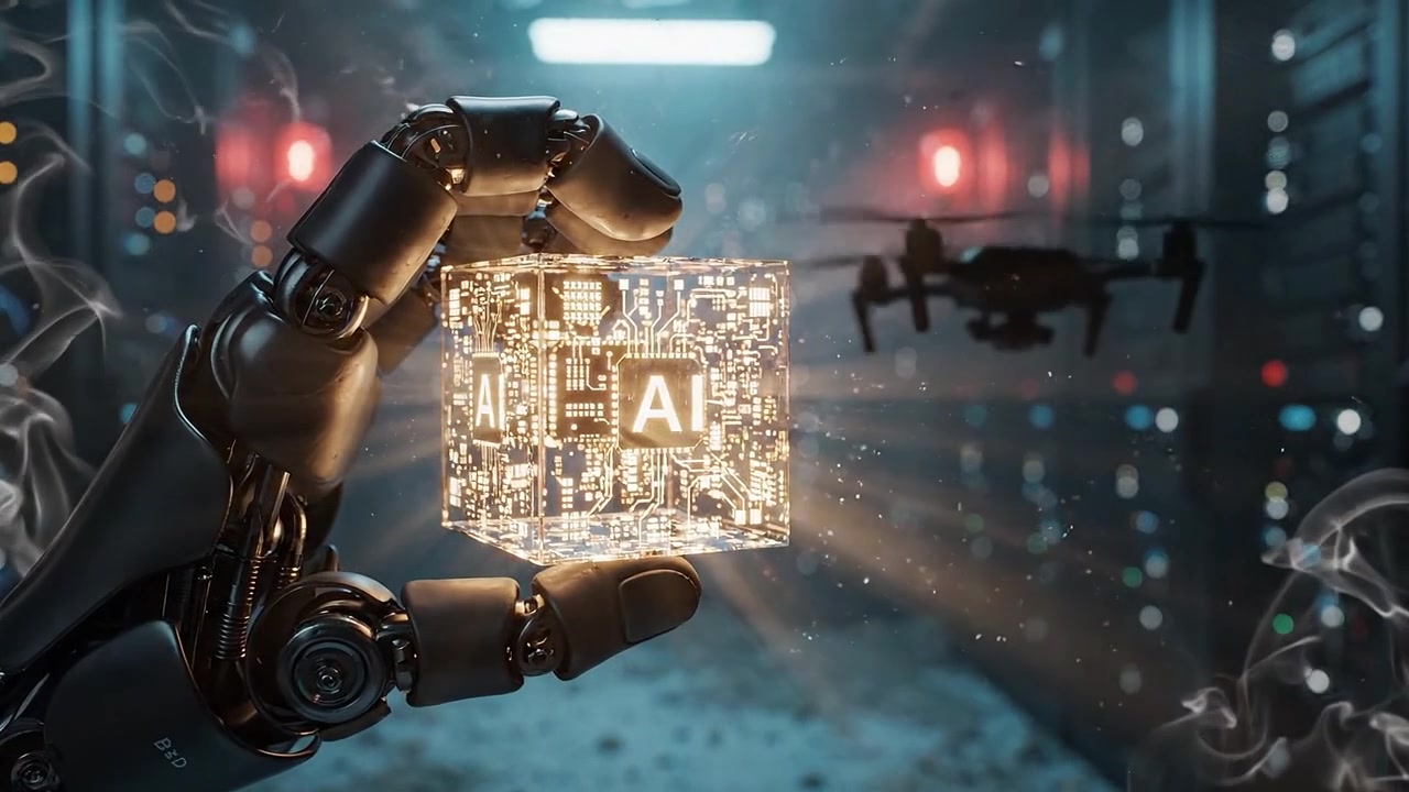 A robotic hand holds a glowing cube in a dimly lit server room, showcasing advanced technology, innovation, and the intersection of artificial intelligence and digital realms.