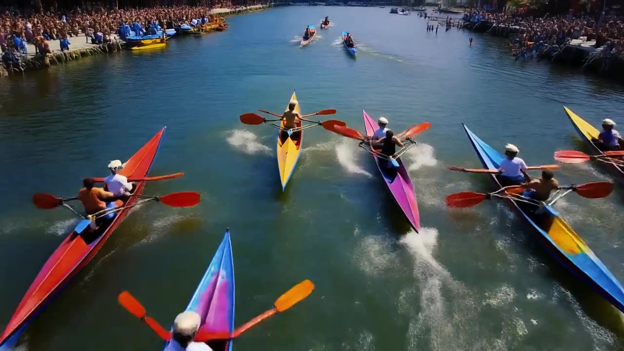 Vista aerea di una colorata gara di kayak sul fiume con spettatori
