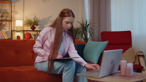 sad young teen child girl kid use laptop surprised by bad news, fortune loss, fail, lottery results