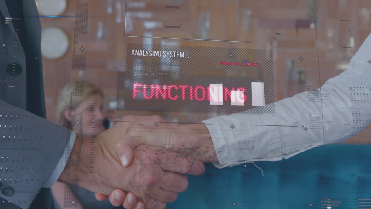 Animation of financial data processing over caucasian business people shaking hands