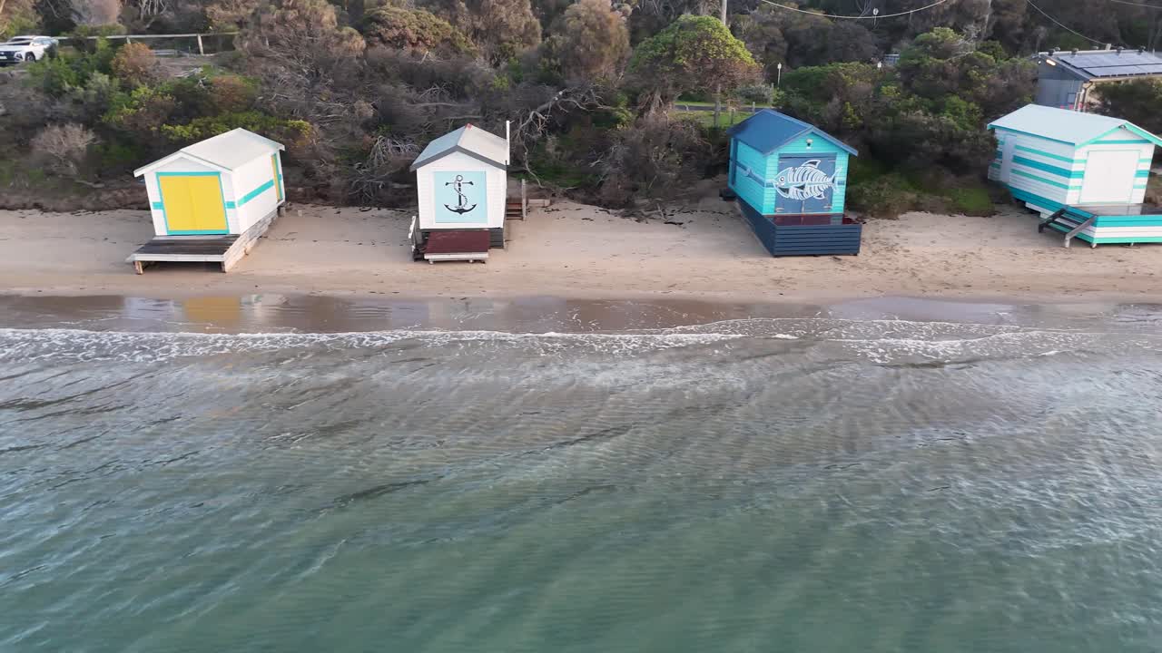 Aerial tracking shot of man and dog walking beside colorful beach huts at Rye, Australia