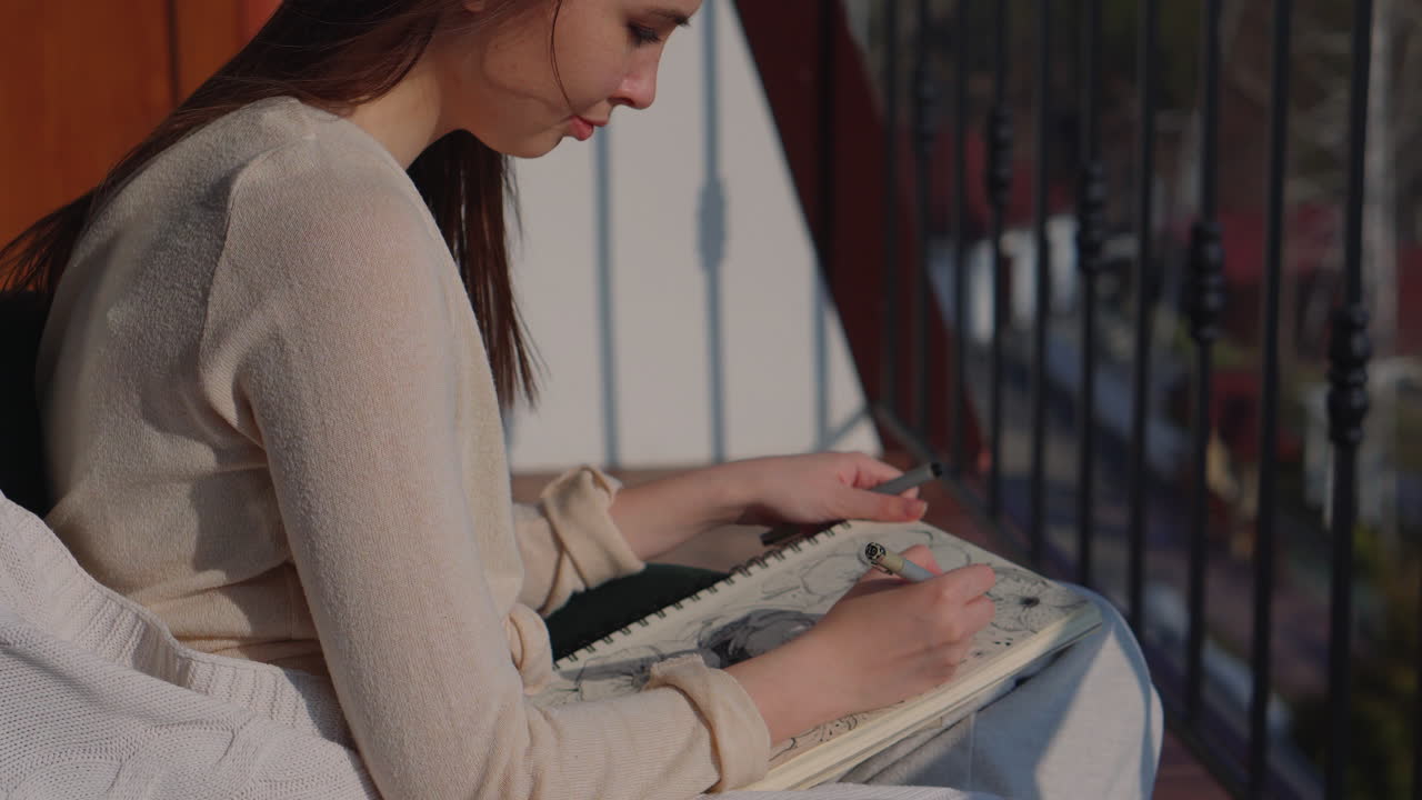 Woman Drawing on a Balcony