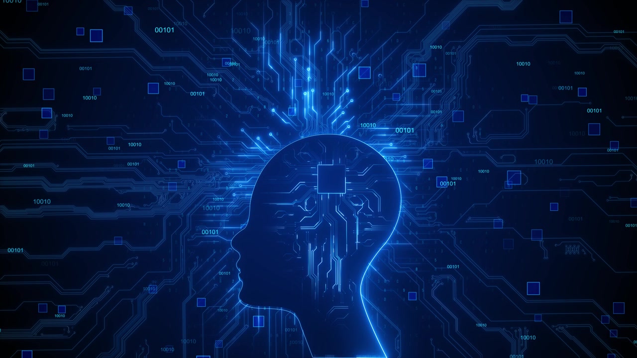 Artificial intelligence head background with glowing blue circuits binary code digital brain