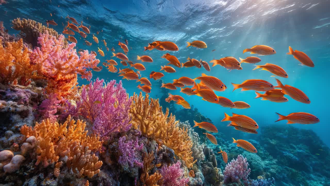 Una vibrante scena subacquea che mostra colorate barriere coralline e banchi di pesci in un vivace ambiente oceanico, irradiata dalla luce solare e dalle interazioni della vita marina.