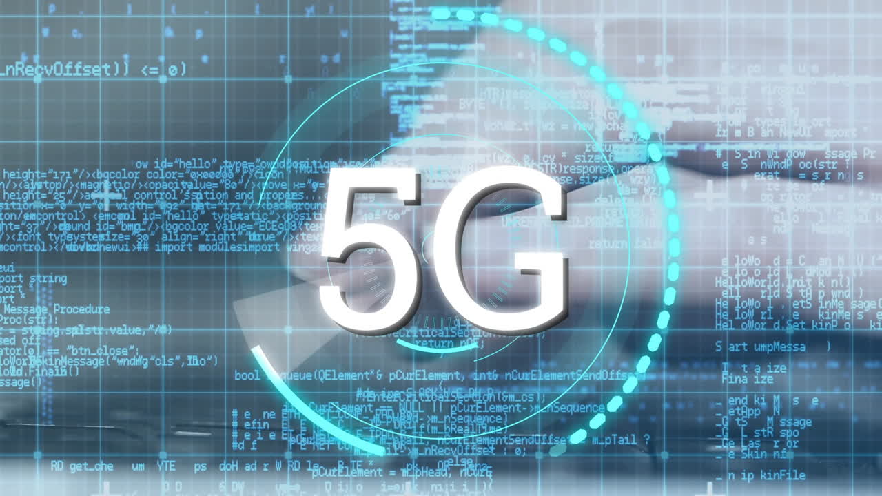 5g scritto nel mezzo di un cerchio futuristico con codici di programma