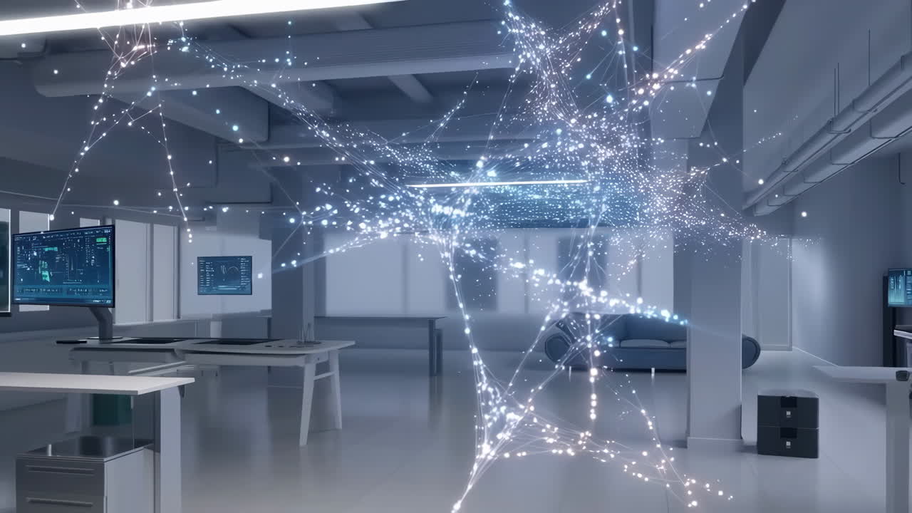 Futuristic Data Network Visualization in a Modern Tech Office Environment