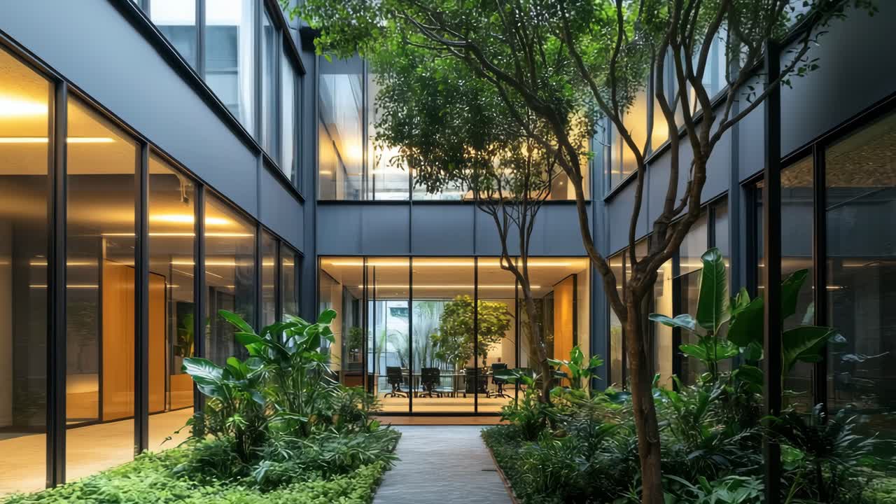 Modern courtyard with lush greenery and glass walls, captured from a low angle