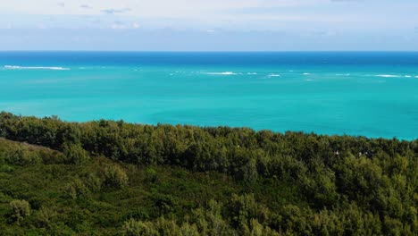 drone-flying-over-forest-back-away-from-beach-on-a-sunny-day-in-Hawaii