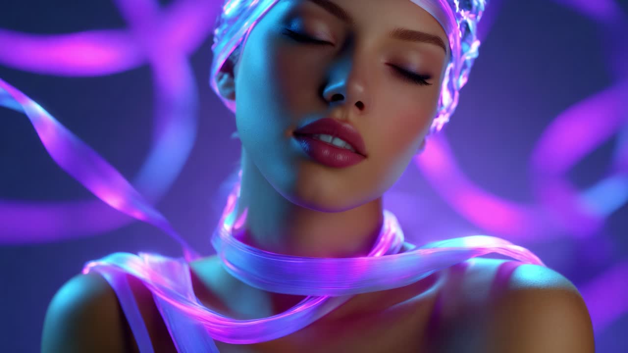 Un ritratto estetico e sognante di una donna, circondata da eteree fasce di luce, che cattura un'espressione serena e una straordinaria combinazione di colori, perfetto per ispirazione artistica ed esplorazione visiva