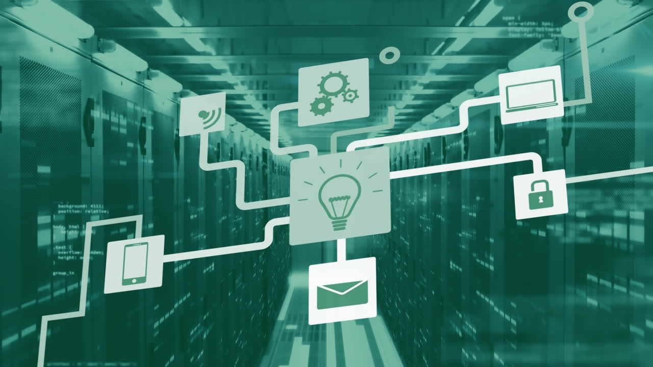 Animation of network of connections with tech room in the background