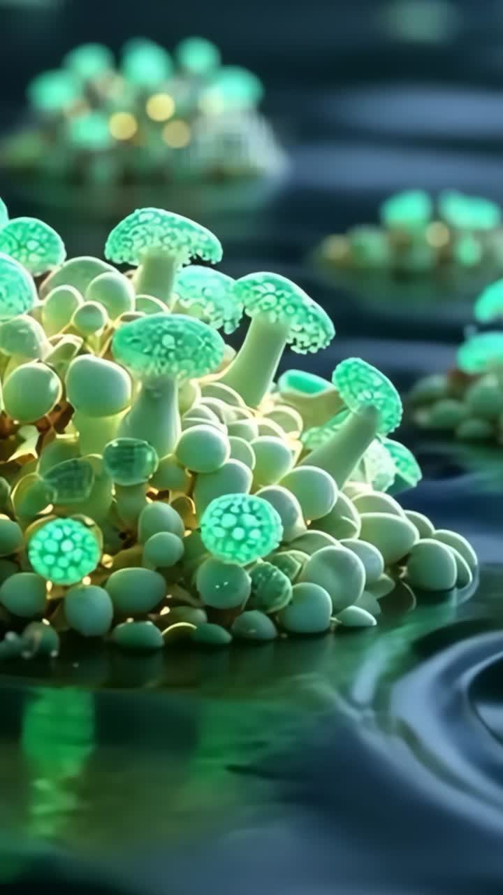 Vertical video: Opening close-up capturing mushroom cluster pulsing glow on dark plane for study