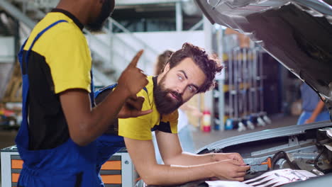 servicemen working together to fix car