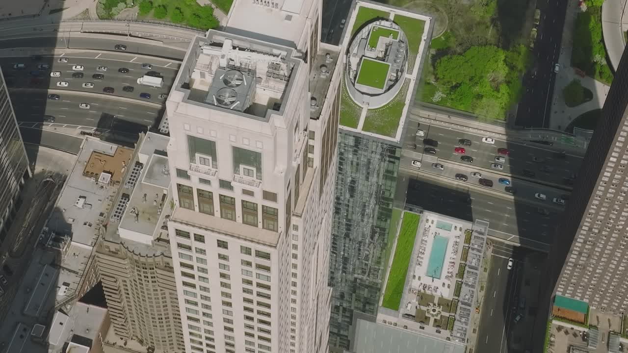 Aerial view of downtown Chicago showcasing skyscrapers and traffic