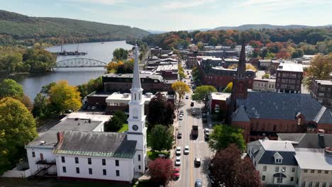 aerial brattleboro vermont with churches in foreground, church steeples