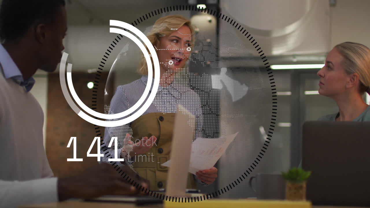 Business team discussing project with digital data processing animation overlay