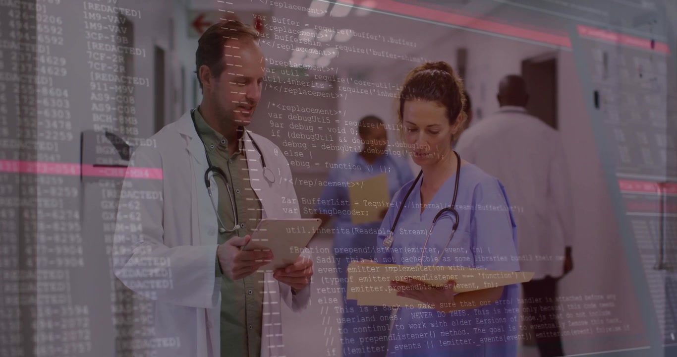 Doctor and nurse walking medical corridor as comparing charts and activating data overlay on tablet
