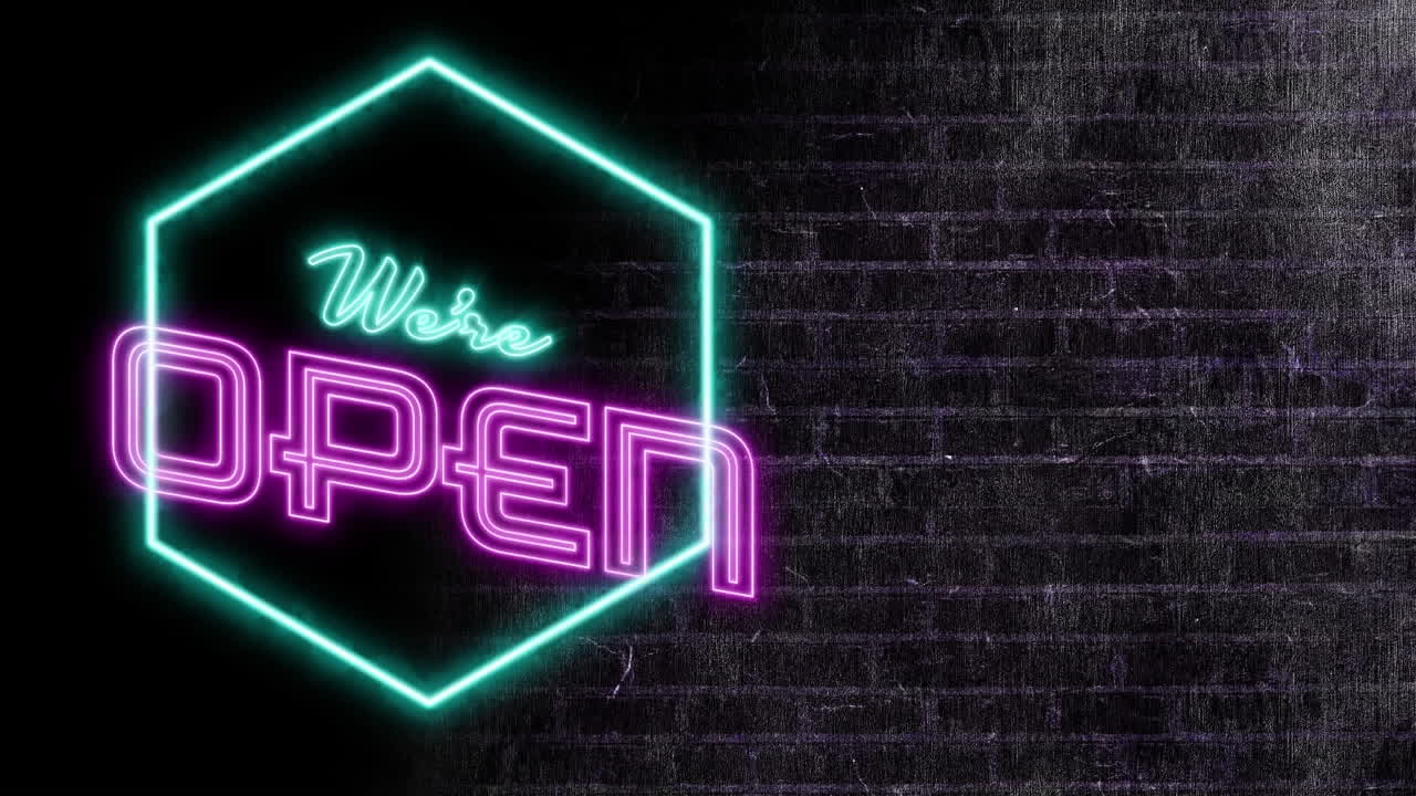 Animation of neon we are open text over black brick wall