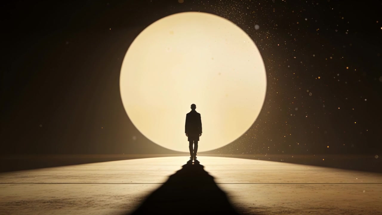 Facendo un passo avanti, uomo che indossa una giacca scura si muove verso un disco luminoso sul pavimento, l'ombra si estende.