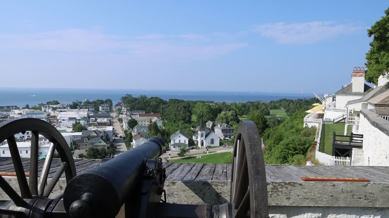 Antique canon overlooking Mackinac Island in Michigan with stable video shot