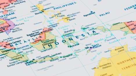 Close-up-of-the-country-word-Indonesia-on-a-world-map-with-the-detailed-name-of-the-capital-city