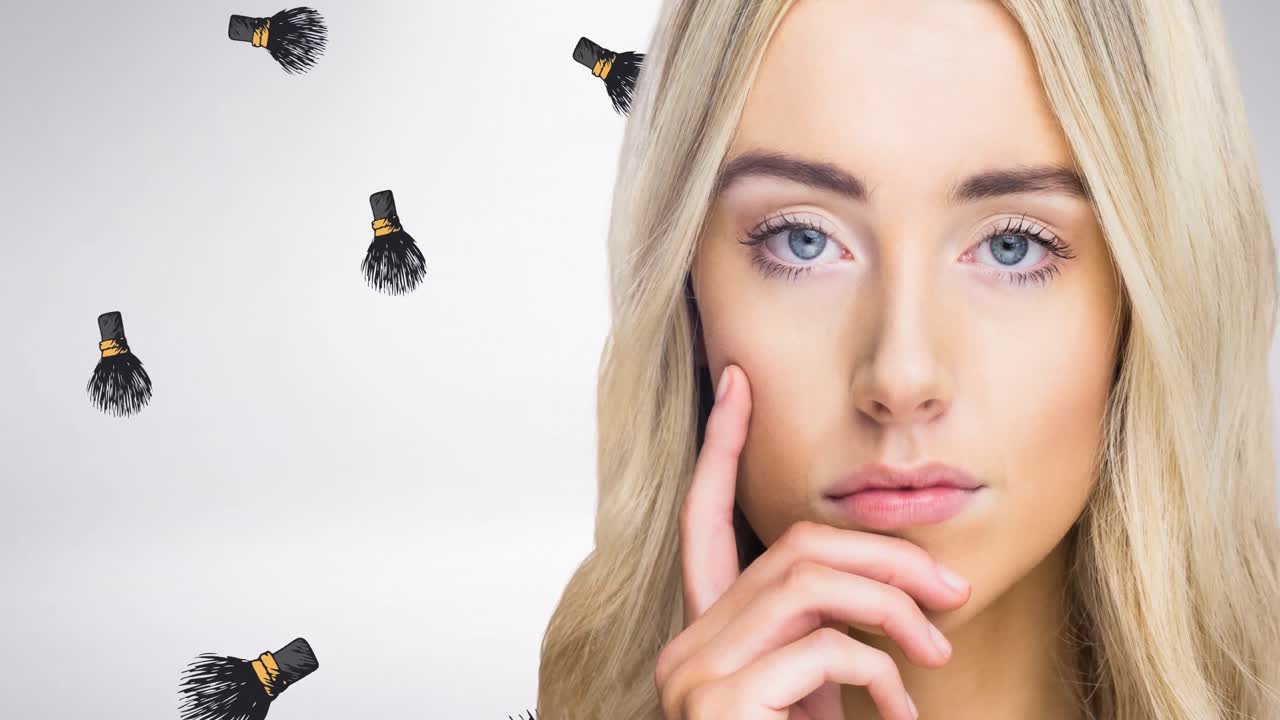 Animation of make up brush repeated with woman on white background