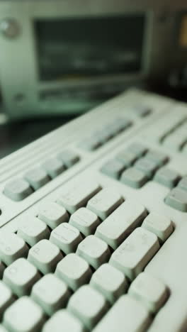 close up of an old white keyboard with a computer in the background