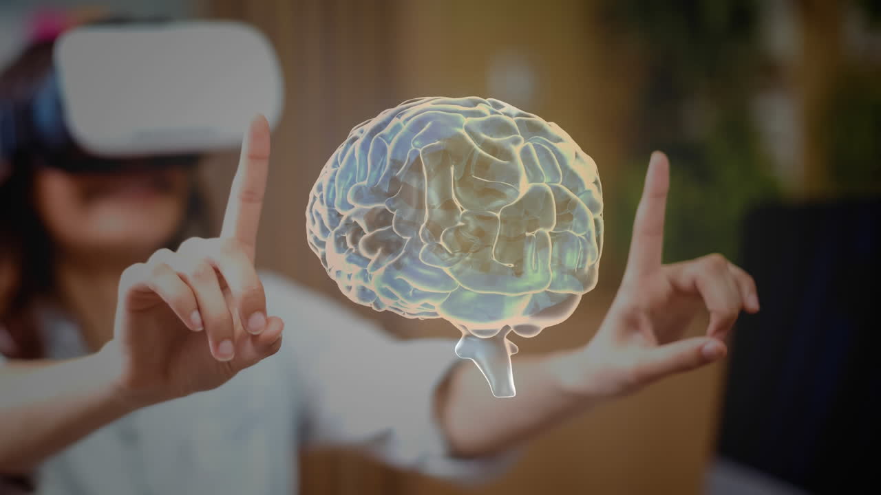 usando auriculares vr e interactuando con la animación virtual del cerebro