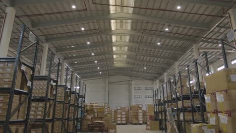 wide shot of boxes in a big warehouse facility