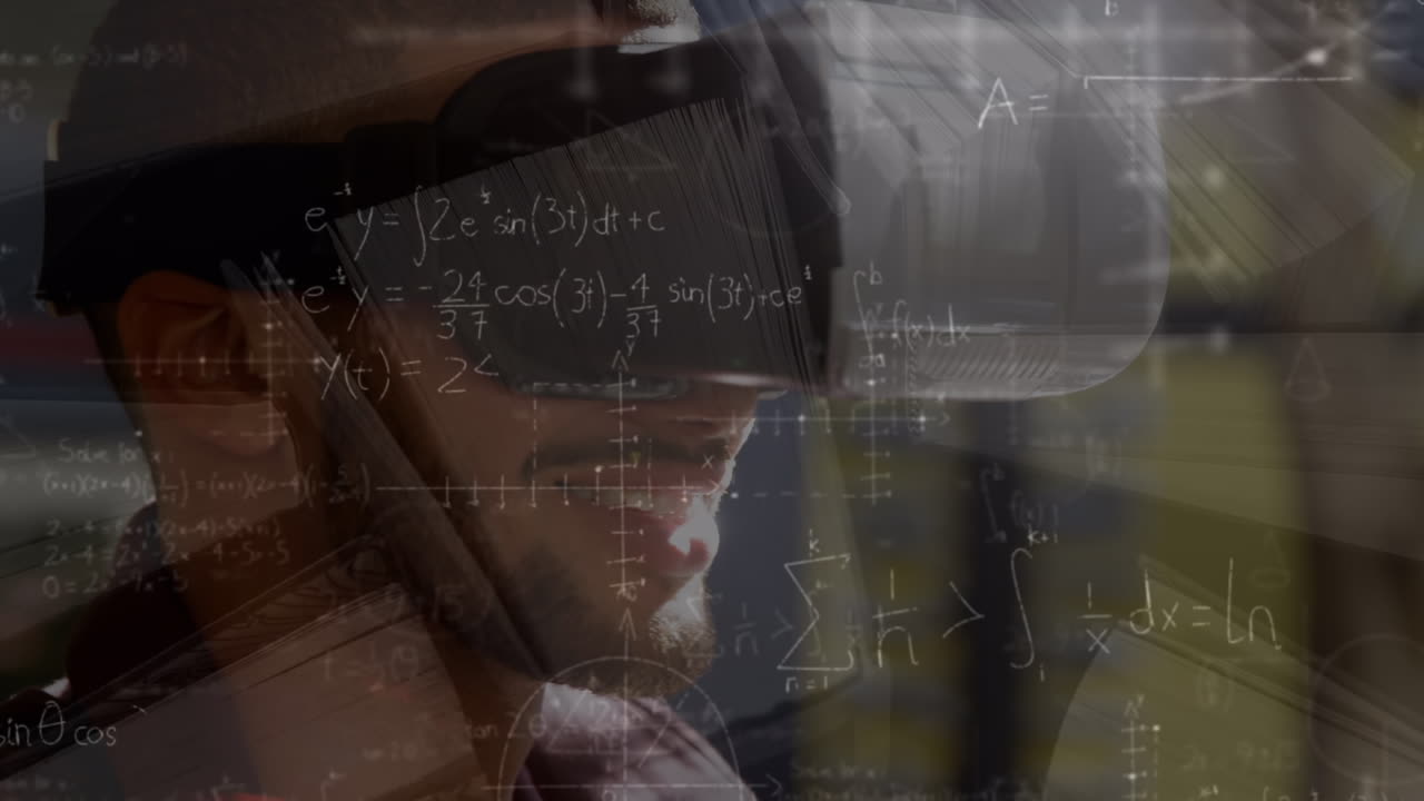 vr 헤드 ⁇ 을 사용하여 이중 인종 남성에 대한 수학 방정식의 애니메이션