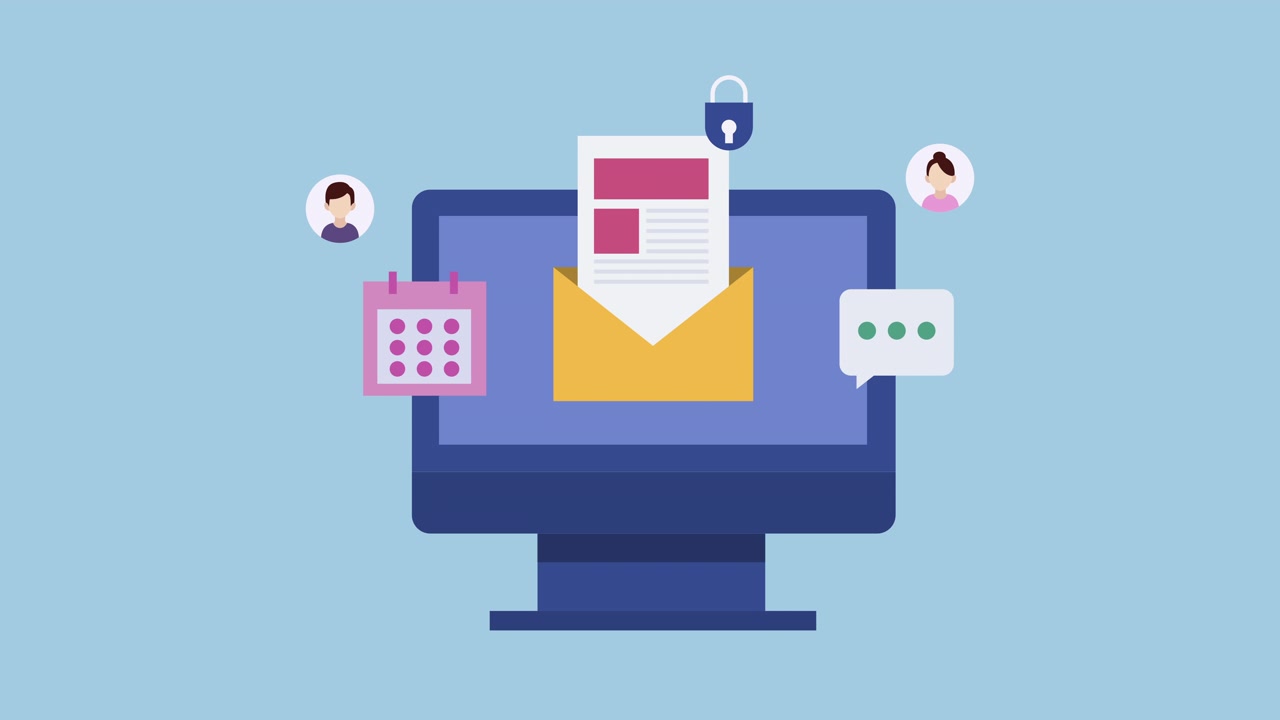 Schermo di computer animato che mostra email e notifiche digitali.