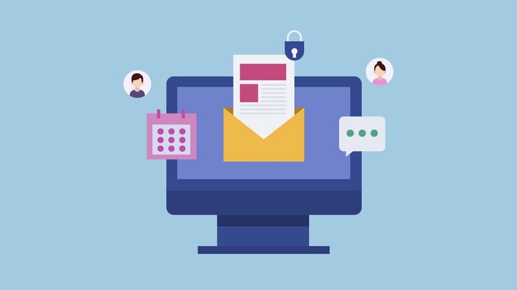 Schermo di computer animato che mostra email e notifiche digitali.