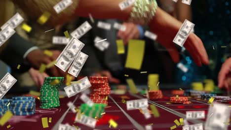 animation of confetti and american dollar bills falling over people gambling around casino table