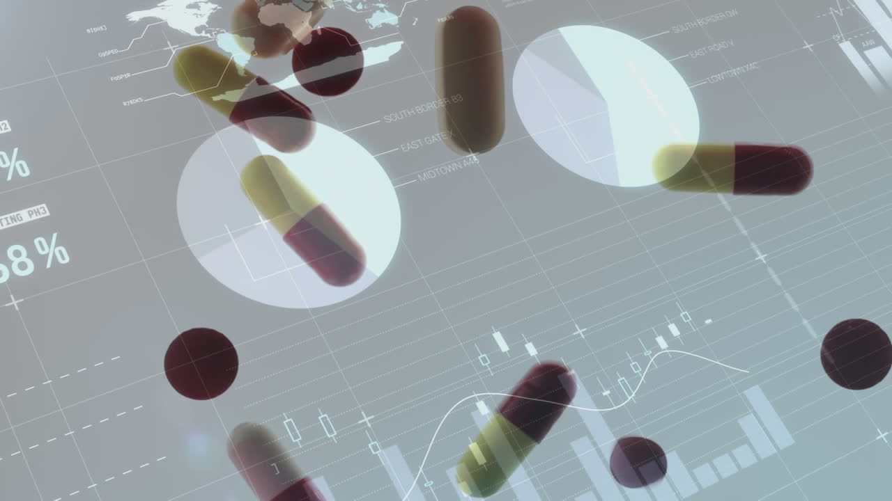 떠다니는 다이어그램, 원, 세계 지도 및 떨어지는 알약에 대한 데이터 처리 애니메이션