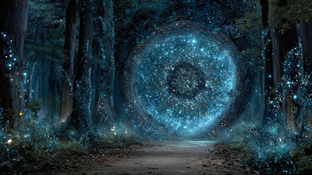 A Journey Through the Enchanted Portal: Discover the Mystical Forest Entrance Glowing with Blue Light and Magical Energy Featuring a Spectacular Celestial Gateway