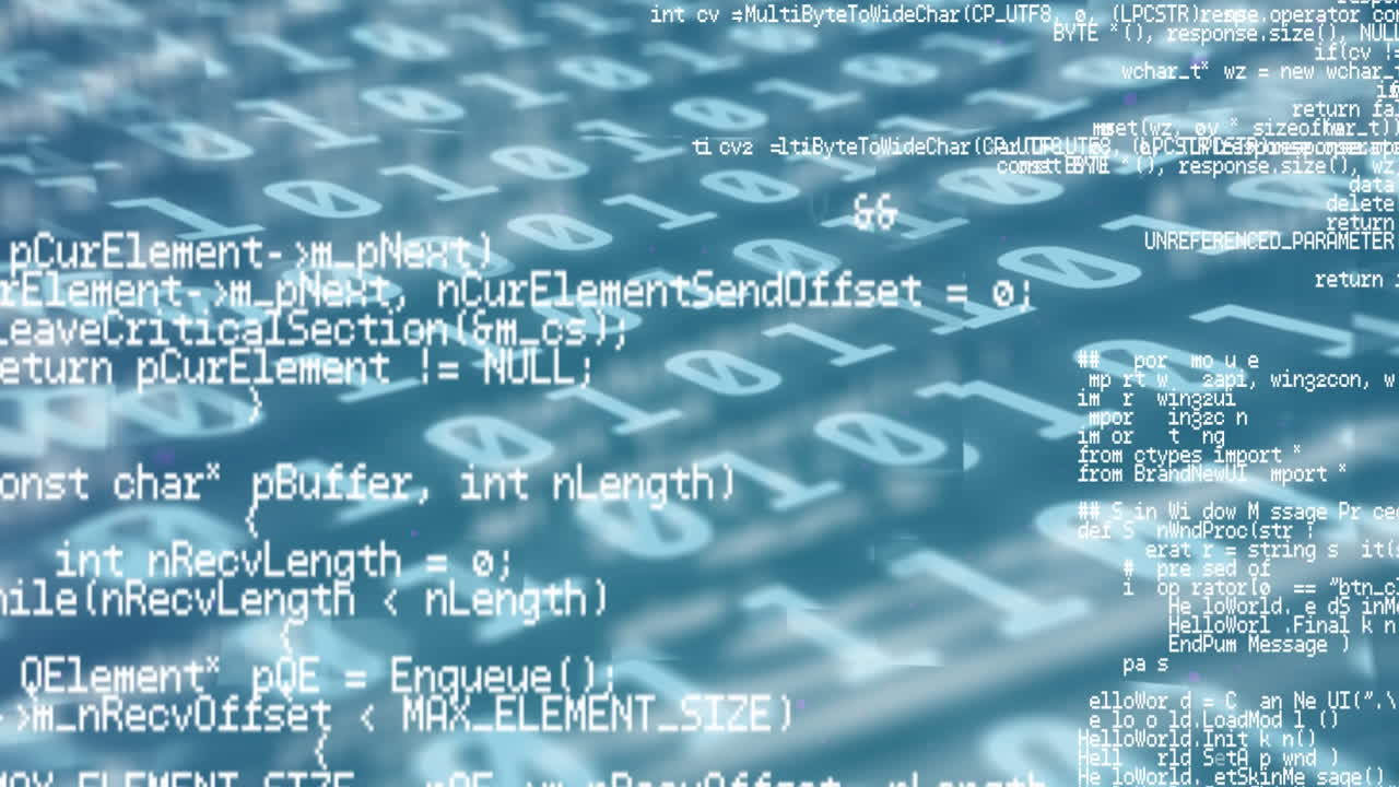 Digital animation of data processing against binary coding data processing on blue background