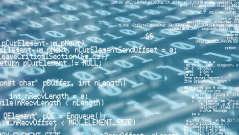 digital animation of data processing against binary coding data processing on blue background