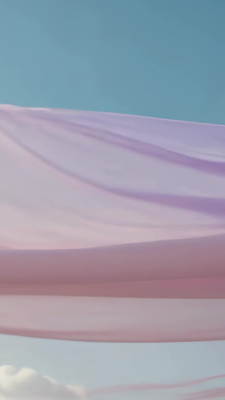 Vertical video: Light breeze lifting sheer pastel fabric, billowing across sky and showing clouds