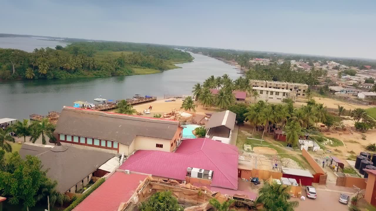 Cinematic drone shot of Aqua Safari Resort in Ghana, West Africa
