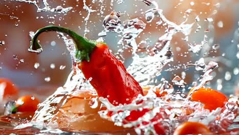 a red hot chili pepper splashing into a bowl of water