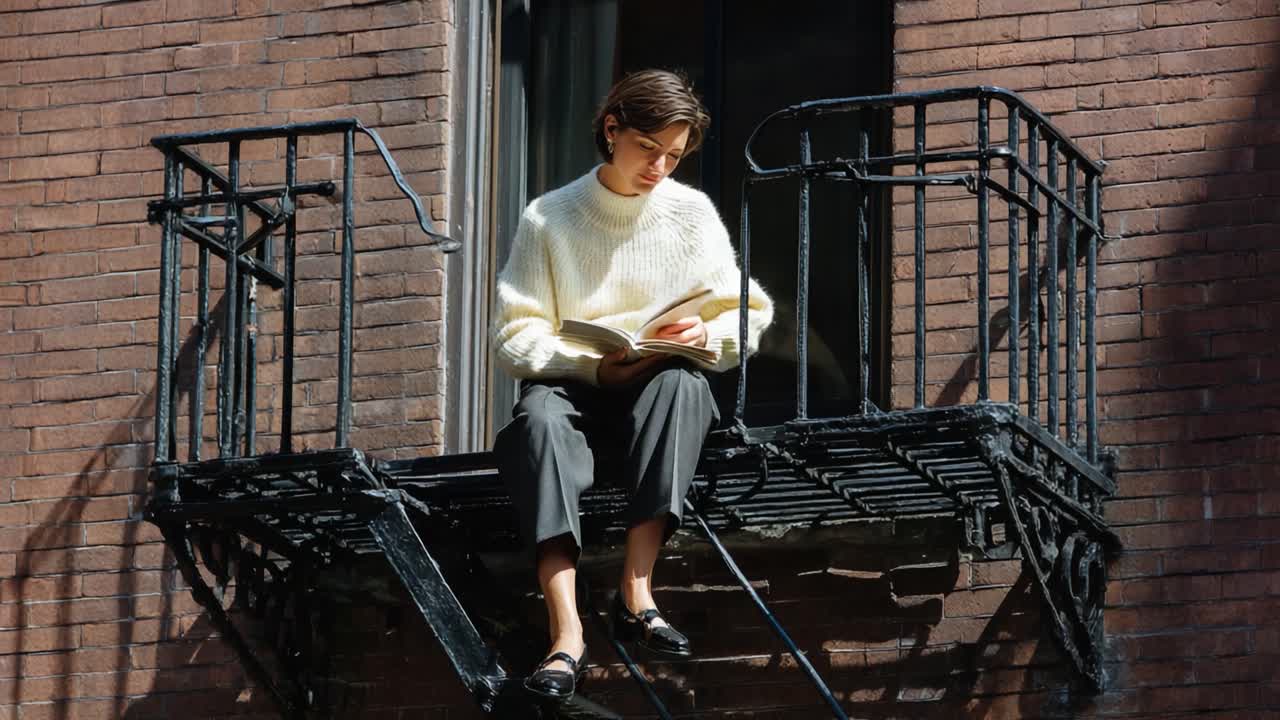 A Cozy Moment of Reflection: Woman Sitting on an Outdoor Fire Escape, Immersed in a Book While Enjoying the Warmth of the Sunlight