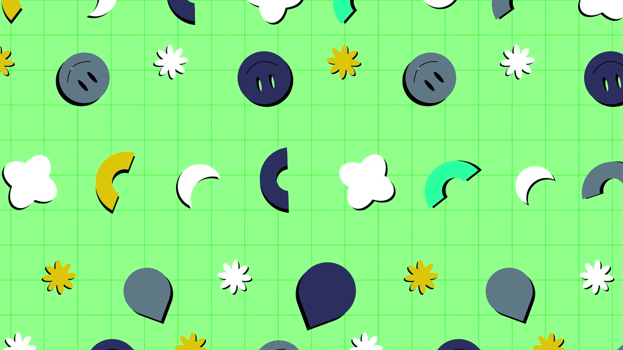 Seamless Loop of Animated Retro Shapes on Green Grid Background
