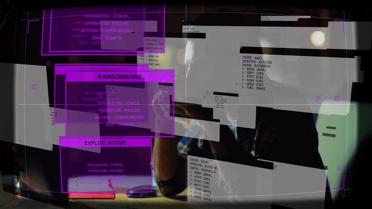 IT worker at desk watching alerts popping up, responding to ransomware panels covering desktop view