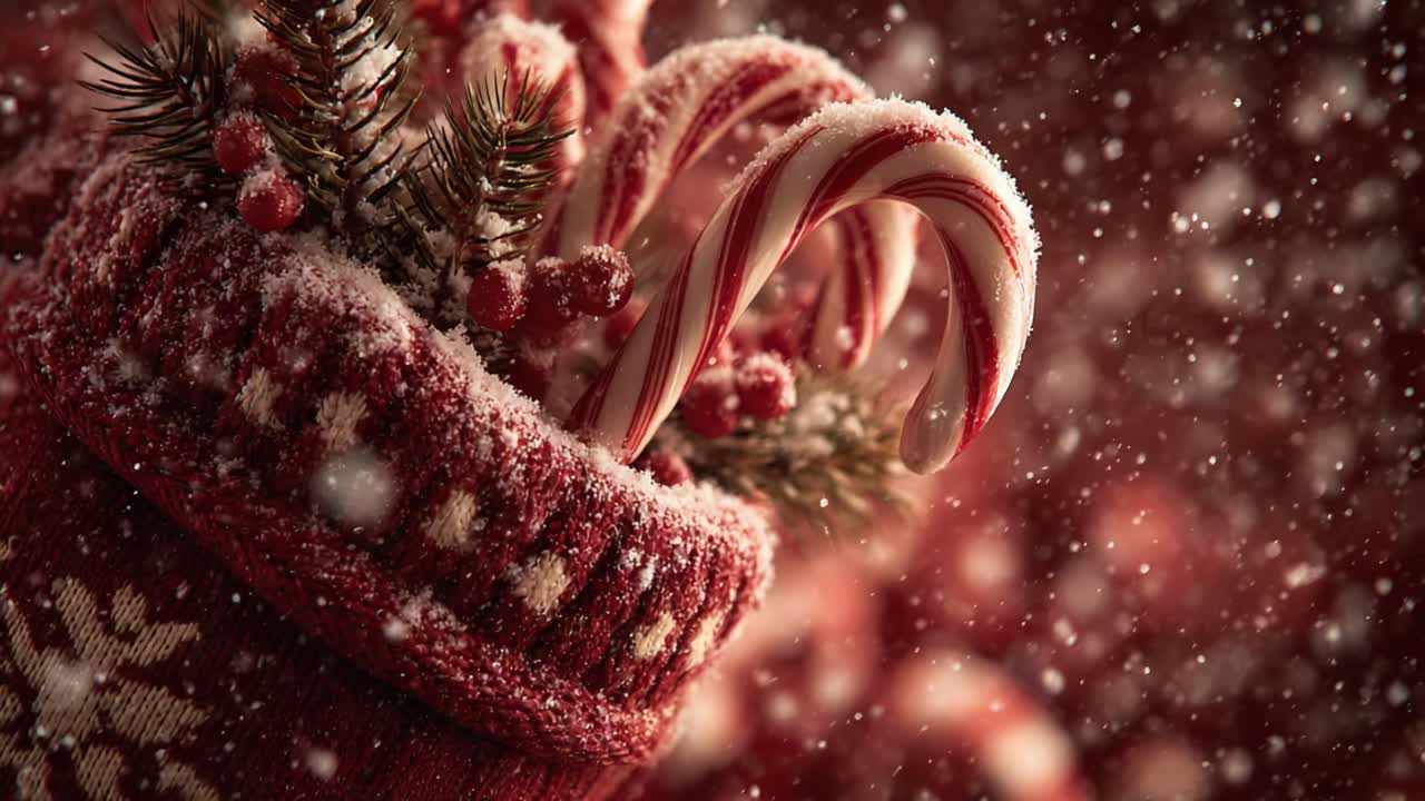 A Festive Display of Candy Canes and Winter Decorations in a Snug Knit Christmas Stocking Surrounded by Falling Snowflakes for a Cozy Holiday Vibe
