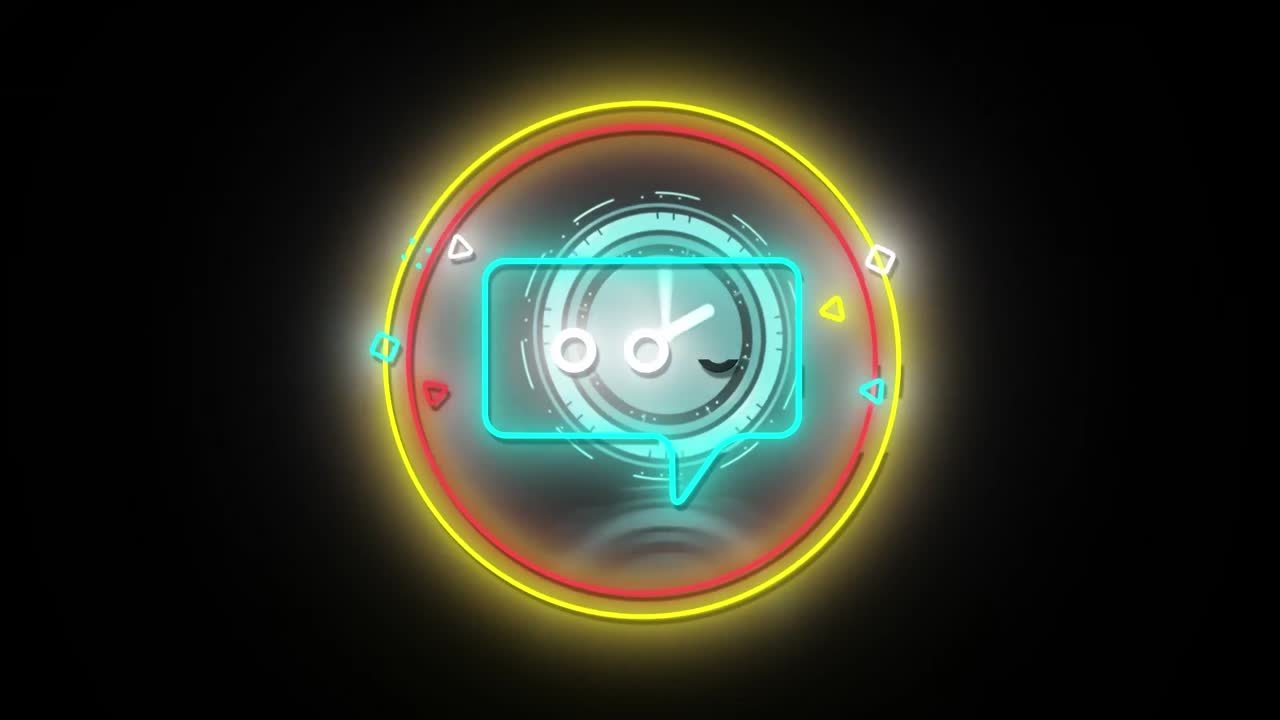 Animation of blue neon speech bubble in yellow and red rings, with data loading clock on black
