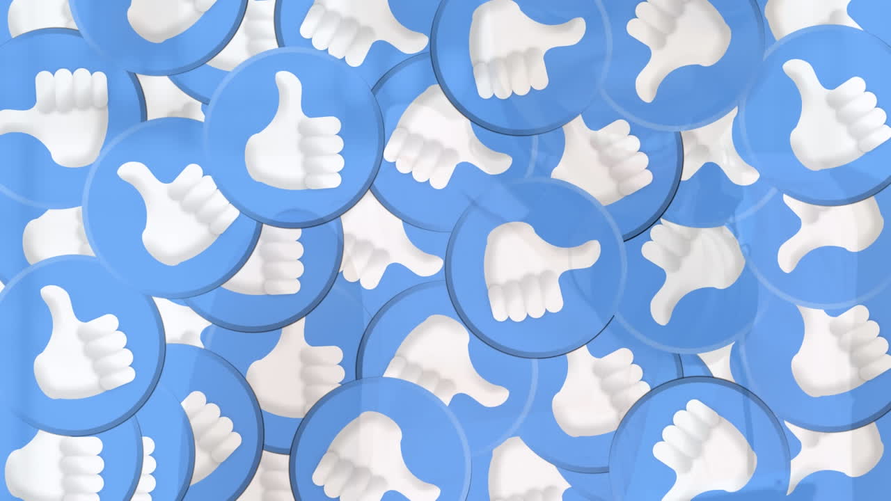 Animation of falling social media icons over woman using smartphone