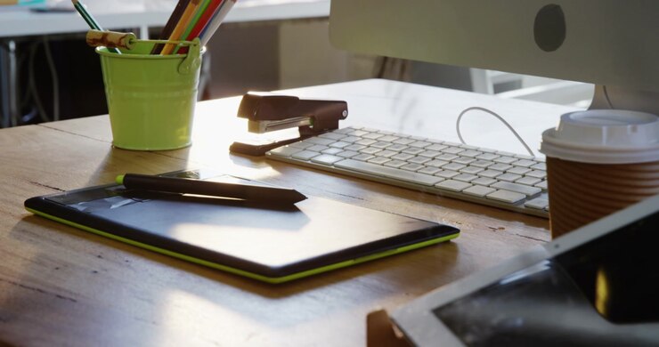 Cam pulling back dotted glare fading tablet stylus staying desk tools appearing revealing workspace