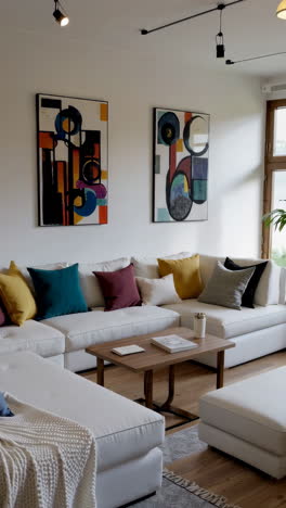 bright modern living room interior with white sectional sofa and abstract art
