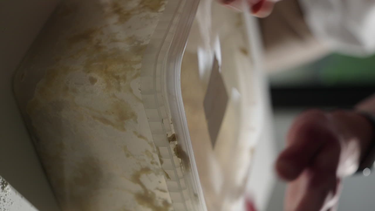 반죽이 담긴 플라스틱 용기를 닫아 휴식과 교정