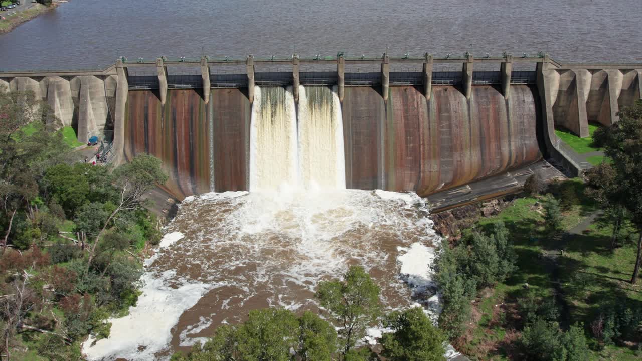 Static aerial footage of water being released from Lauriston Reservoir, in central Victoria. October 2022.