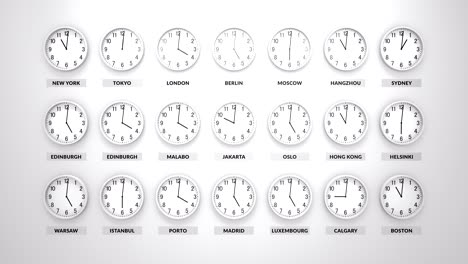 muchos relojes redondos de cuerpo blanco están yendo y mostrando diferentes horas para diferentes ciudades de todo el mundo. pared blanca detrás.